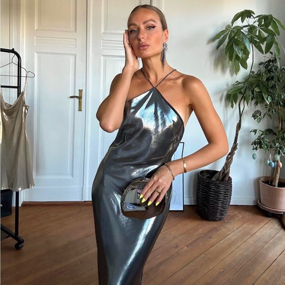 Zara Metallic Gunmetal Halter Maxi Dress. No tags, never worn. - Picture 2 of 12